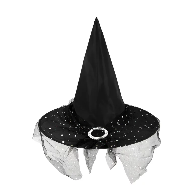 Witch hat with tulle, black and silver, 38x32cm