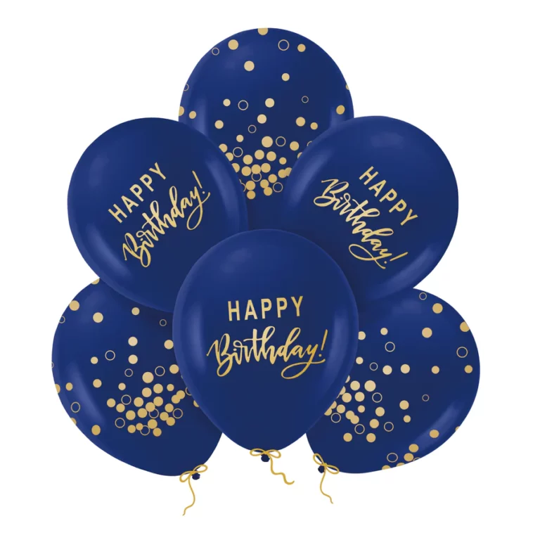 Happy Birthday balloons, navy blue and gold, 12 inches, 6 pcs. set