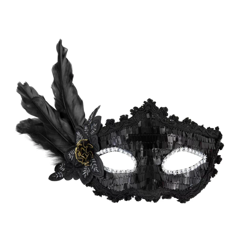 Carnival mask with feathers, black, 18x22cm