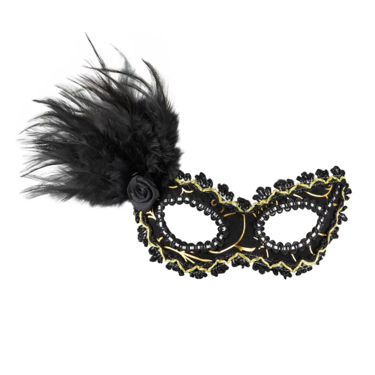 Carnival mask with feathers, black and gold, 18.5x15cm
