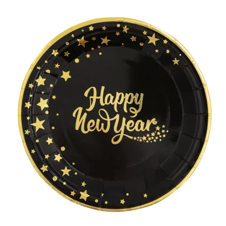 Happy New Year paper plate, black, 9 inches, 6 pcs.