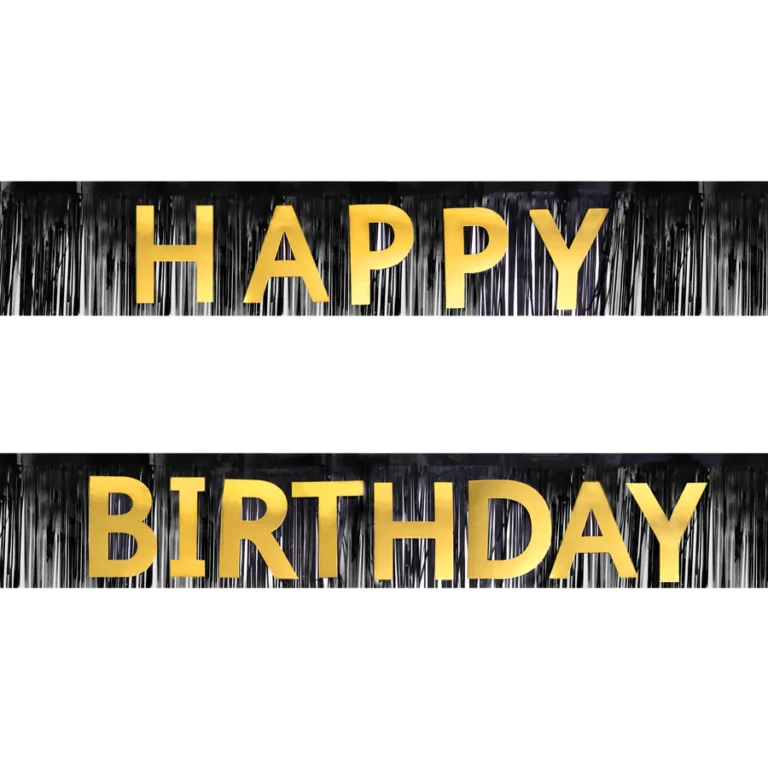 Birthday banner with fringes, black and gold, 200 cm