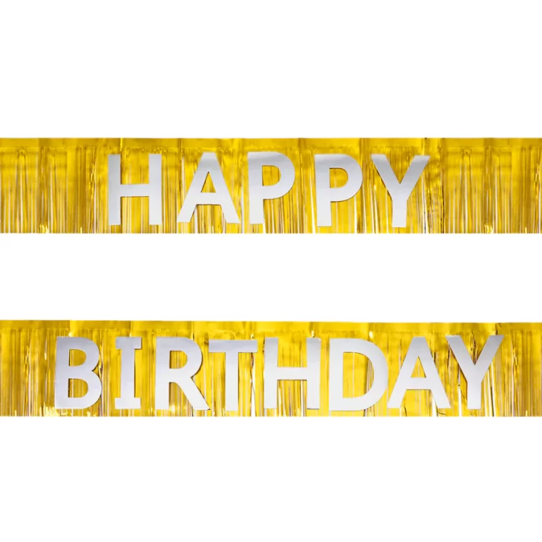 Birthday banner with fringes, gold and silver, 200 cm
