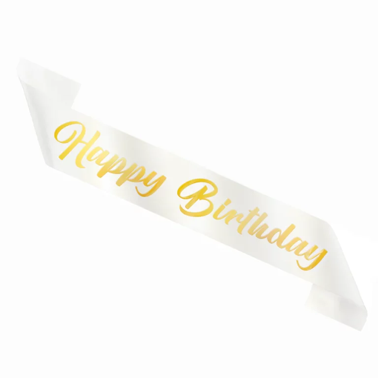 Happy Birthday birthday sash, white and gold, 10x160cm