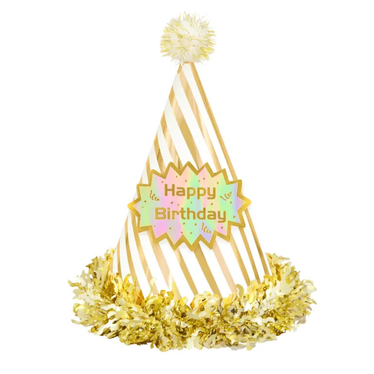 Birthday hat with pompom Happy Birthday striped white and gold 1 pc.