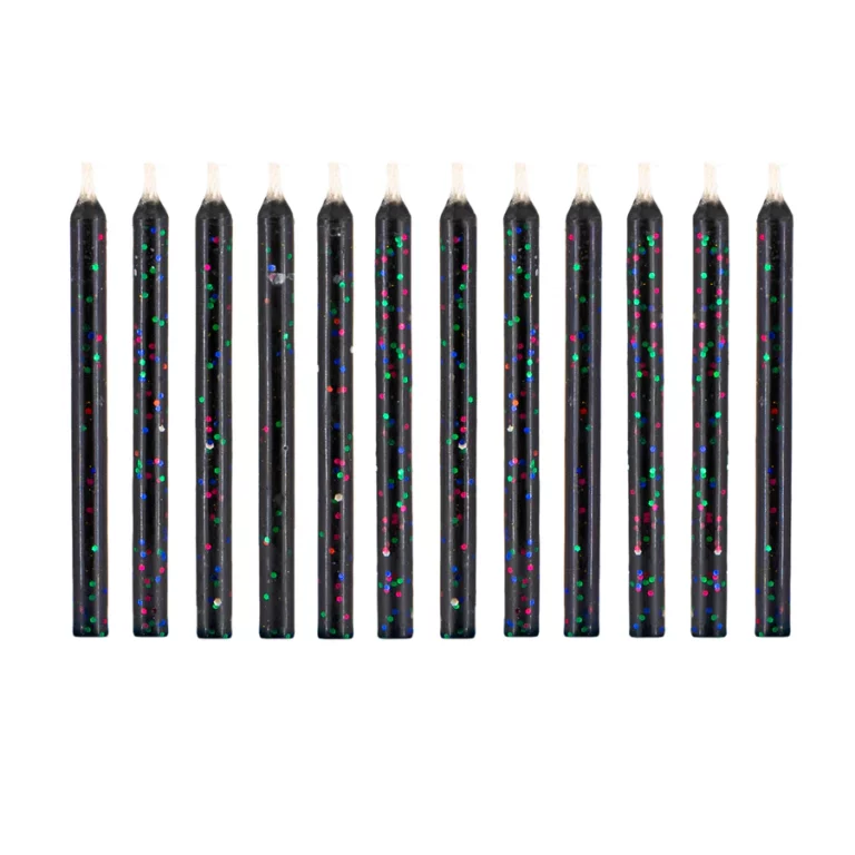 Unextinguished birthday candles black with colored glitter 12 pcs.