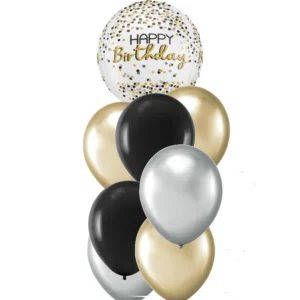 Happy Birthday White Gold and Black Orbz Bouquet